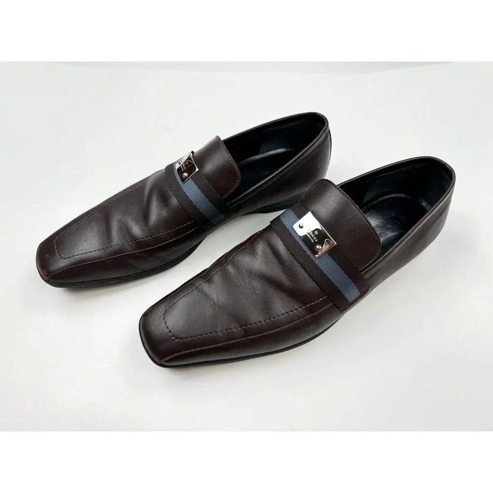 GUCCI Brown Leather Blue Ribbon Luxury Loafer Mens 8.5 D Flaw* Comfort‎ Shoes